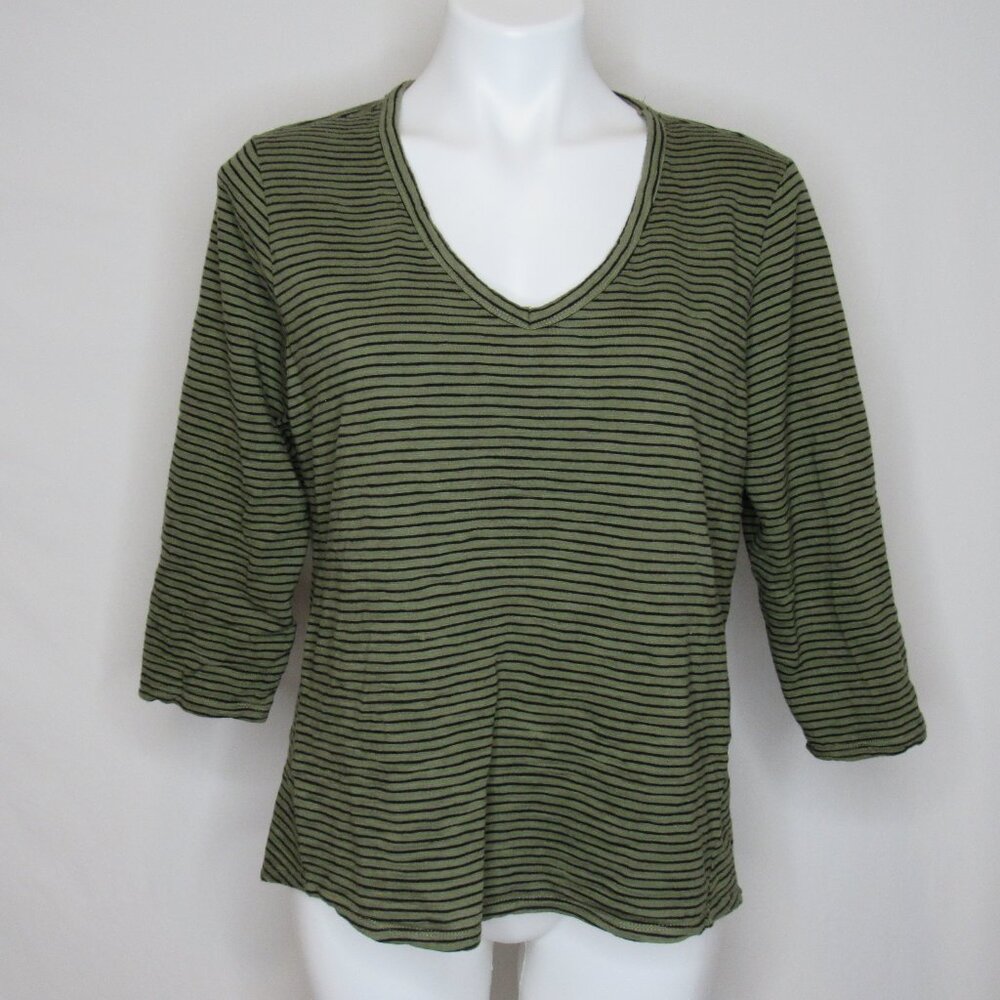 Chico's THE ULTIMATE TEE 3/4 Sleeve Green Black Stripe Women's 2 L Large